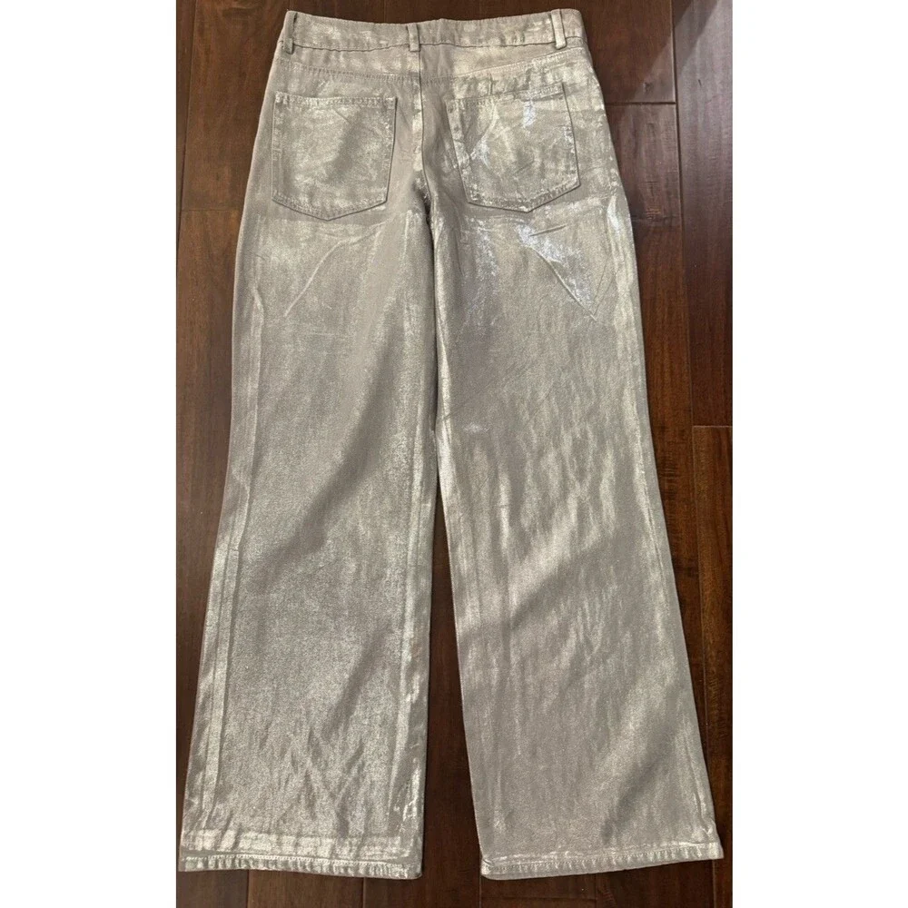Gianni Bini Girls Foiled Metallic Denim Pants gray silver straight wide legs 16
